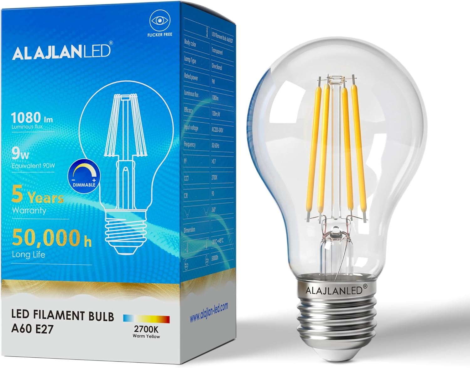 لمبة LED Filament E27 بقدرة 4 واط - إضاءة دافئة 2300K، دقة ألوان عالية CRI 90، تدعم التعتيم