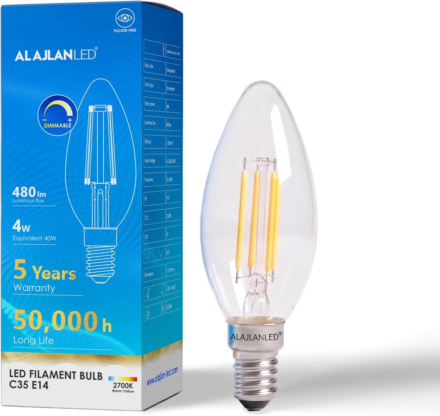 لمبة LED Filament E14 (4 واط) - إضاءة دافئة (2700K) مع تصميم كلاسيكي جذاب