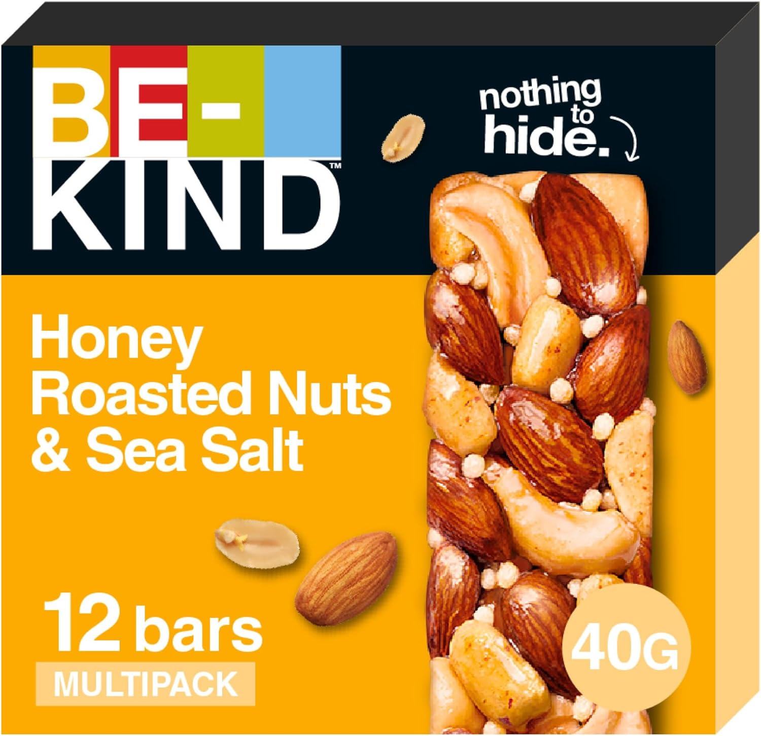 ألواح بي كايند (Be-Kind) بالمكسرات المحمصة، العسل وملح البحر - 12 قطعة × 40 جم، وجبة خفيفة طبيعية، غنية بالألياف والبروتين.