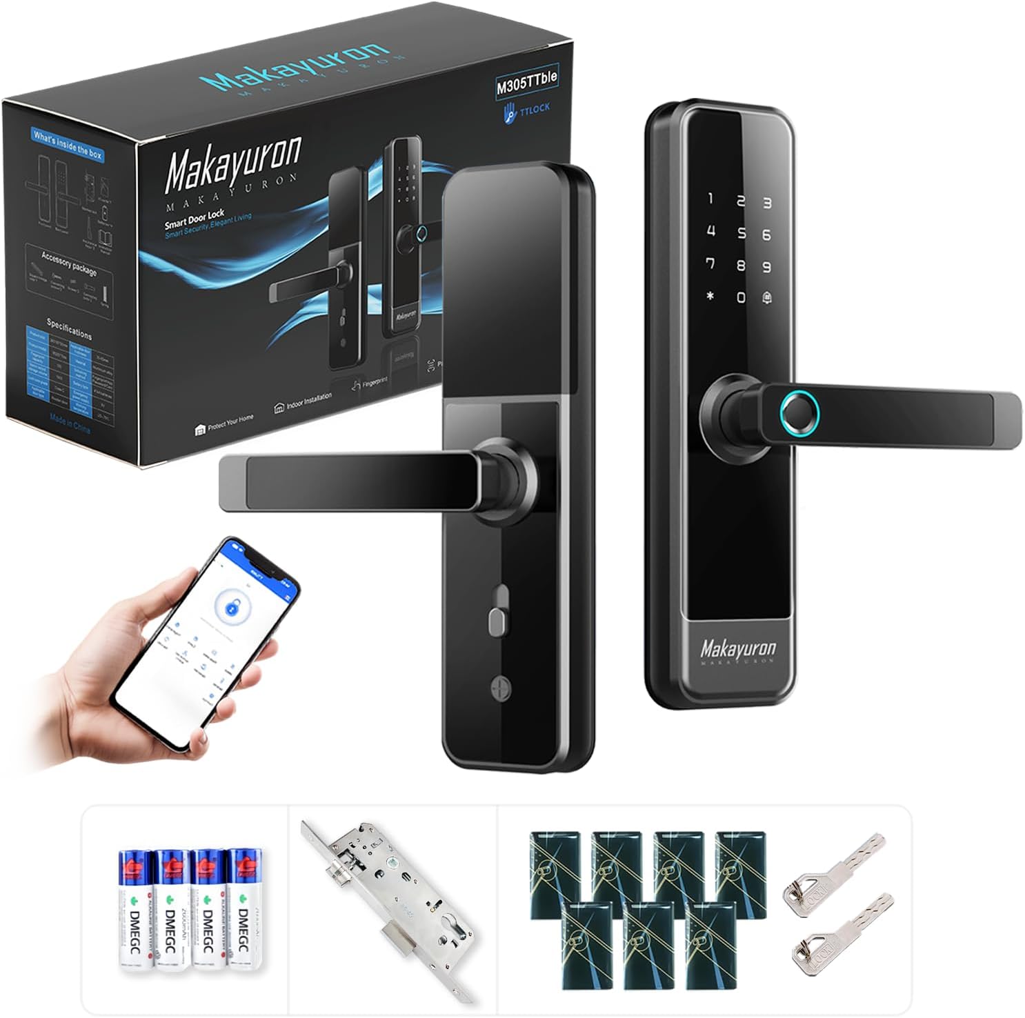 قفل باب ذكي ماكايورون (Makayoron) M305TTble - 5 طرق فتح متطورة (تطبيق TTLock، بصمة، رمز مرور، بطاقات، مفتاح)، تقنية 4585 مورتيز.