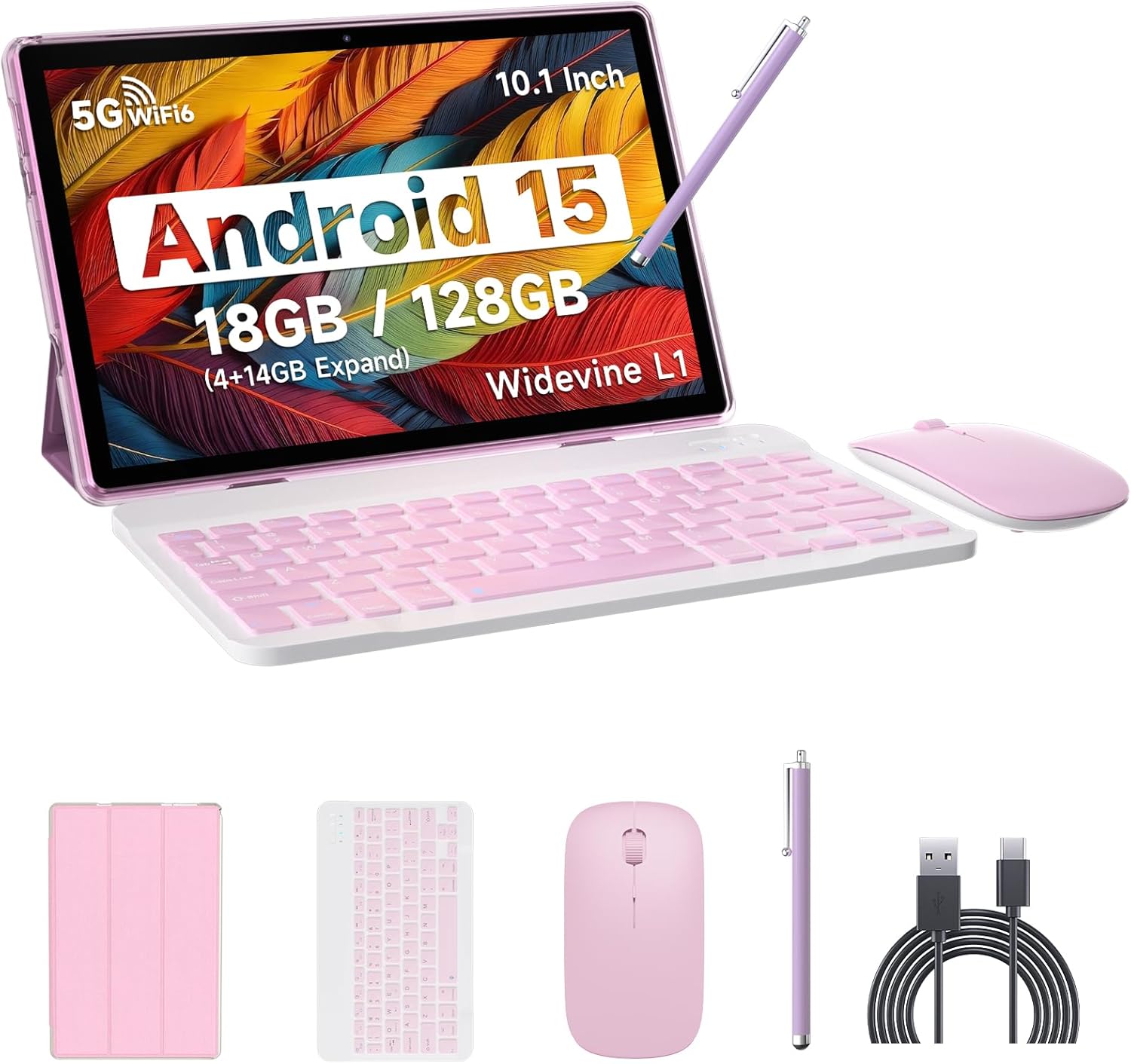 تابلت 10 بوصة 2 في 1 - حزمة متكاملة (لوحة مفاتيح + ماوس + قلم)، ذاكرة 18GB RAM + 128GB (توسعة 2TB)، أندرويد 15، واي فاي 6.