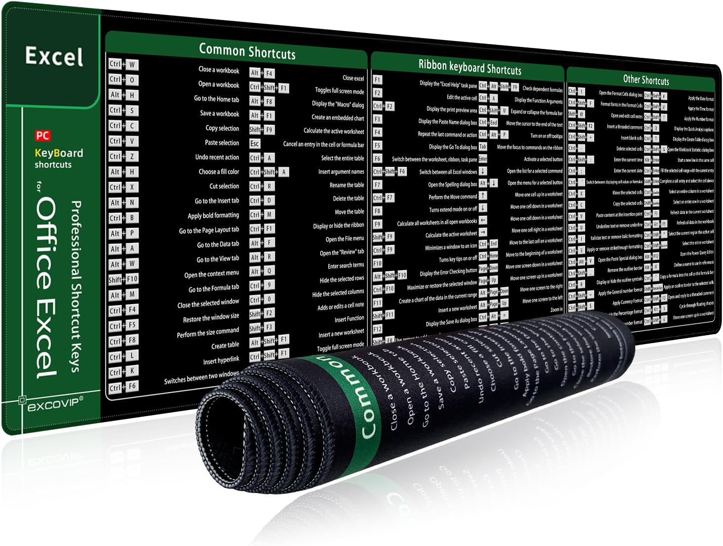 قاعدة ماوس مكتبية كبيرة (XL) من اكسكوفيب - 900×300 مم - مطبوعة باختصارات إكسل (Excel) - حواف مخيطة لمتانة فائقة