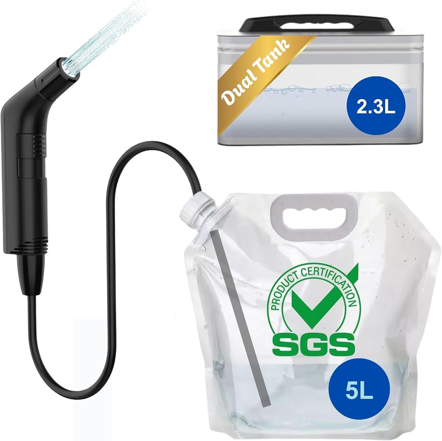 شطاف سفر محمول "المسافر" - ضغط مياه عالي - شحن USB - يتضمن كيس مياه 5 لتر وخزان 2.3 لتر - معتمد من SGS