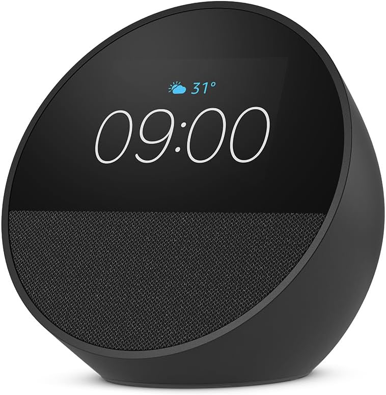 ساعة إيكو سبوت (Echo Spot) الذكية - إصدار 2024، صوت نابض بالحياة، مساعد أليكسا - لون أسود