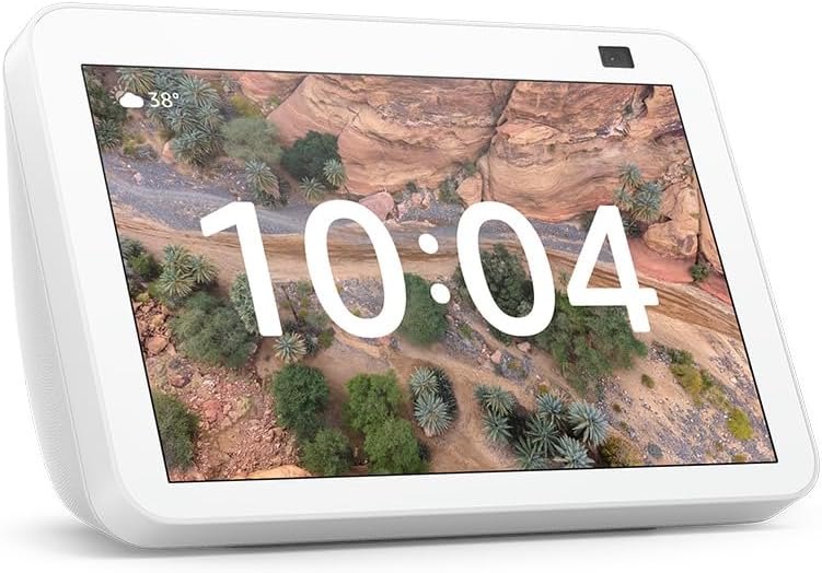 شاشة إيكو شو 8 (Echo Show 8) الذكية - الجيل الثاني، تحكم صوتي بأليكسا، دعم اللهجة الخليجية - لون أبيض
