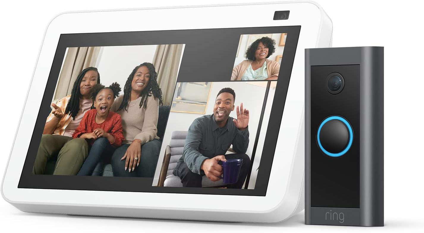 حزمة الأمان الذكي: جرس باب Ring السلكي بالفيديو + شاشة Echo Show 8 (الجيل الثاني) - لون أبيض