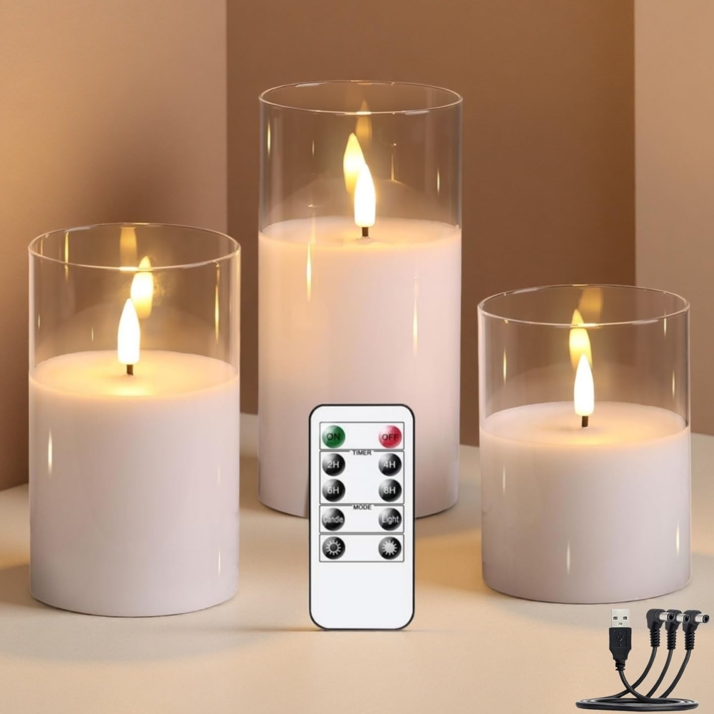 طقم شموع LED زجاجية شفافة قابلة لإعادة الشحن (3 قطع) - بدون لهب مع ريموت ومؤقت - لون أبيض أنيق - أحجام متنوعة (4، 5، 6 بوصة) - إضاءة ديكور آمنة وموفرة للمنزل