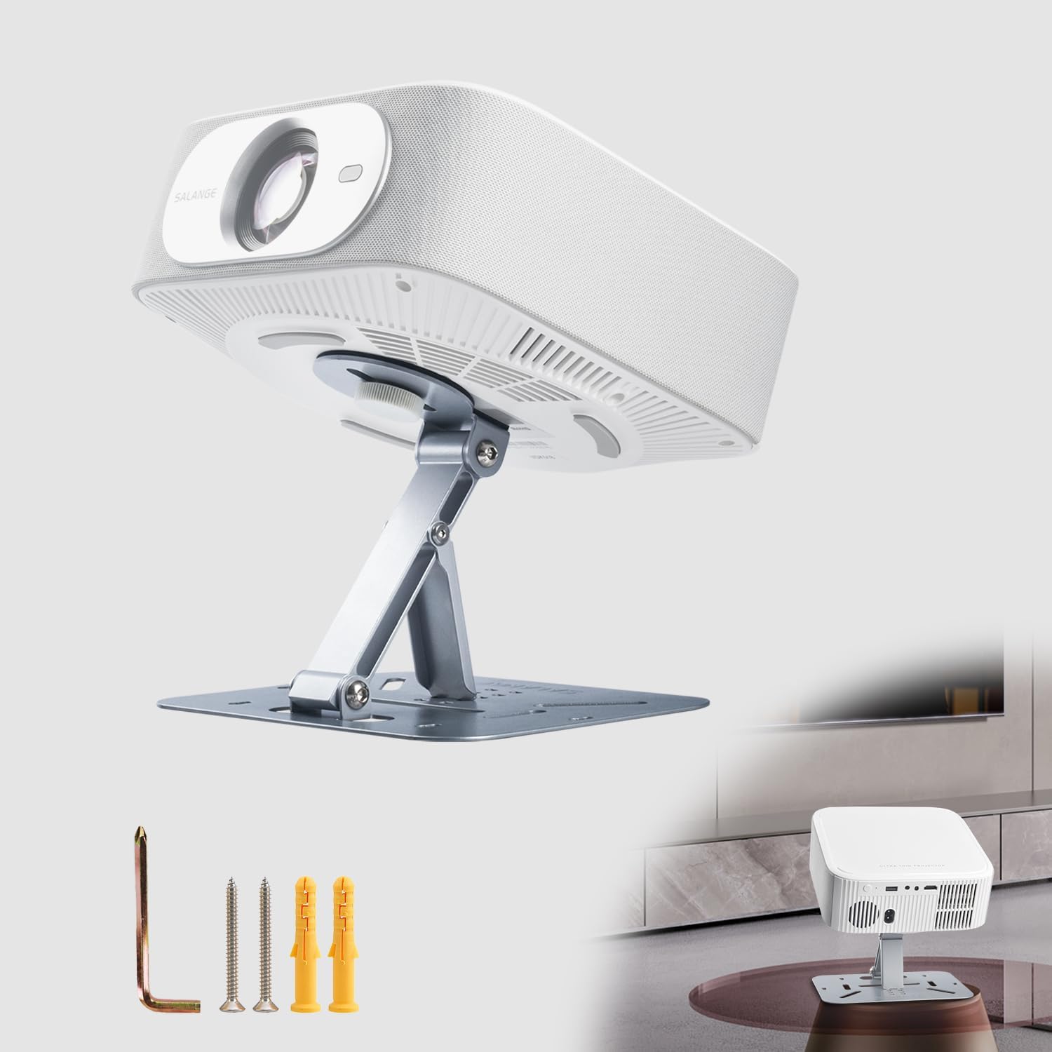 حامل جهاز عرض (بروجكتر) متعدد الاستخدامات 3 في 1 - قاعدة ثابتة تتحمل حتى 5 كجم - تصميم قابل للدوران 180 درجة - سن تثبيت عالمي 1/4 بوصة - مثالي للسينما المنزلية والمكاتب (أبيض)