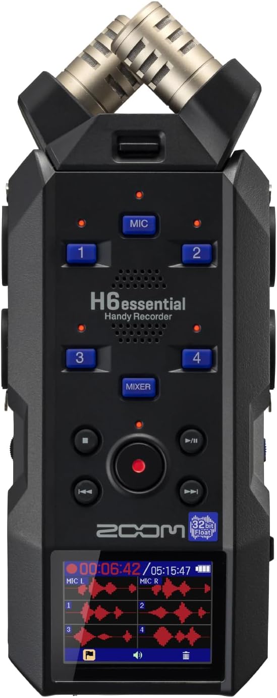 مسجل الصوت المحمول زووم Zoom H6essential - تسجيل 6 مسارات بدقة 32-بت فلوت، 4 مداخل XLR/TRS، واجهة صوت USB - الخيار الأمثل لصناع الأفلام والبودكاست