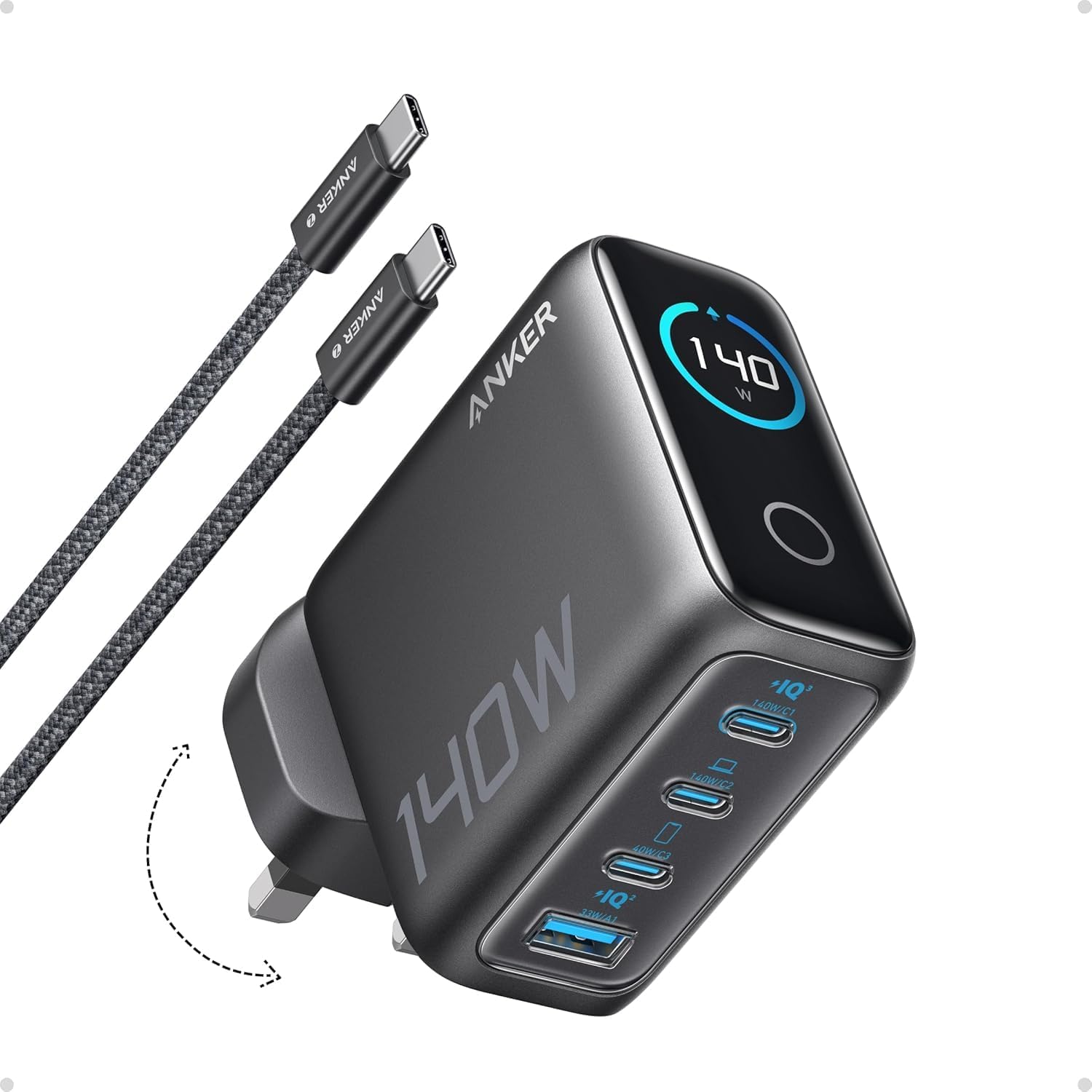 شاحن أنكر (Anker) فائق القوة 140 واط – تقنية GaN المتقدمة – 4 منافذ شحن سريع – تحكم ذكي باللمس – متوافق مع ماك بوك، آيفون 16، سامسونج، وبيكسل