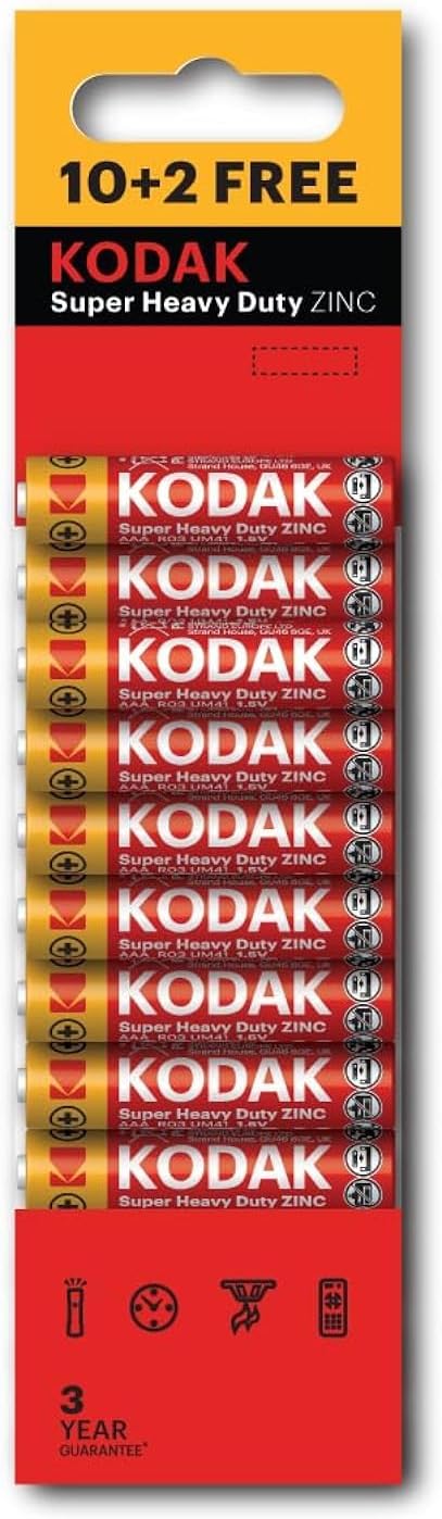 بطاريات كوداك (Kodak) زنك شديدة التحمل (Heavy Duty) – مقاس AAA – عبوة ترويجية توفيرية (10+2 مجاناً)