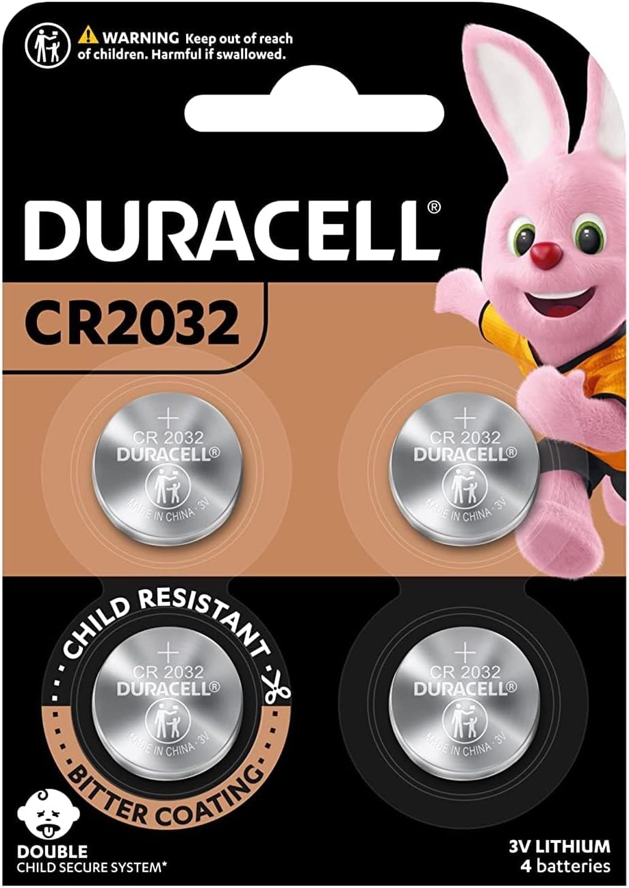 بطاريات دوراسيل (Duracell) ليثيوم CR2032 – عبوة (4 قطع) – جهد 3 فولت – تصميم عملة معدنية – أمان مزدوج مانع لعبث الأطفال – مثالية لمفاتيح السيارات (Key Fobs) والأجهزة الصغيرة
