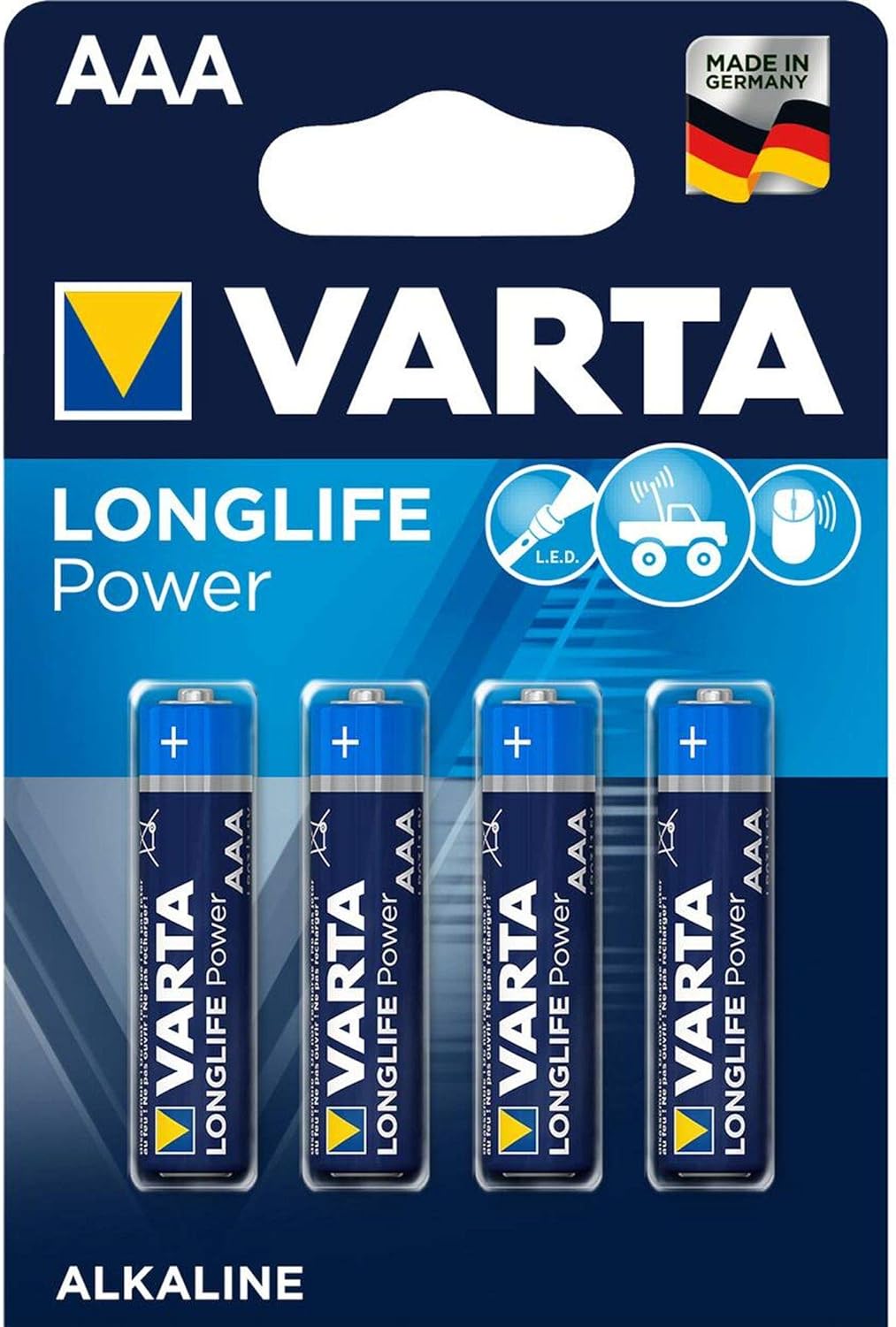 بطاريات فارتا (Varta) القلوية – مقاس AAA – أداء فائق (Longlife) – طاقة طويلة الأمد للأجهزة عالية الاستهلاك – عبوة 4 قطع – صلاحية تخزين حتى 10 سنوات