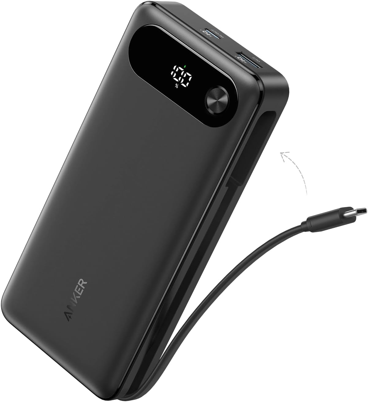 باور بانك أنكر 20000 مللي أمبير بشحن فائق السرعة 87 واط - مزود بكيبل USB-C مدمج لأجهزة ماك بوك، آيفون، وسامسونج.