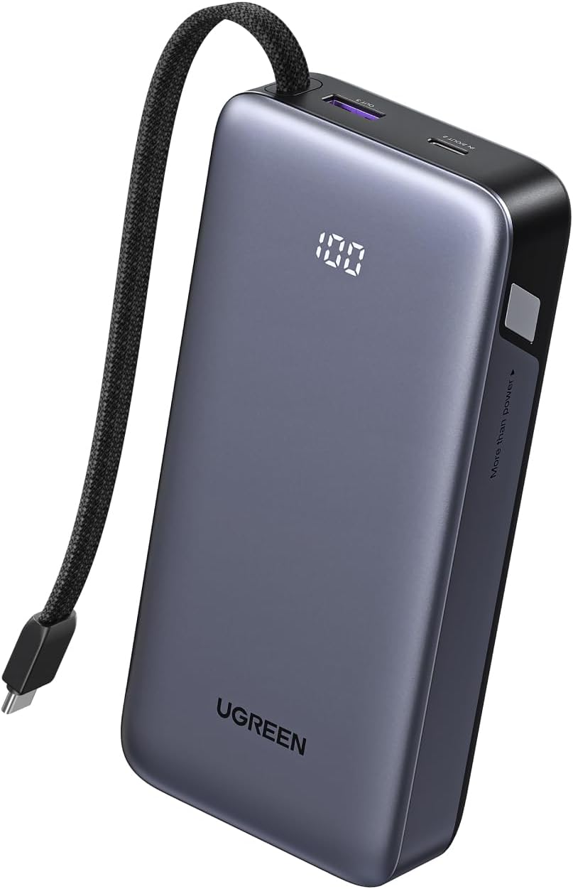 باور بانك يوجرين 20,000 مللي أمبير - قوة 45 واط، كابل USB-C مدمج، شاشة LED ذكية، شحن سريع فائق لآيفون 17/16، سامسونج S26 الترا