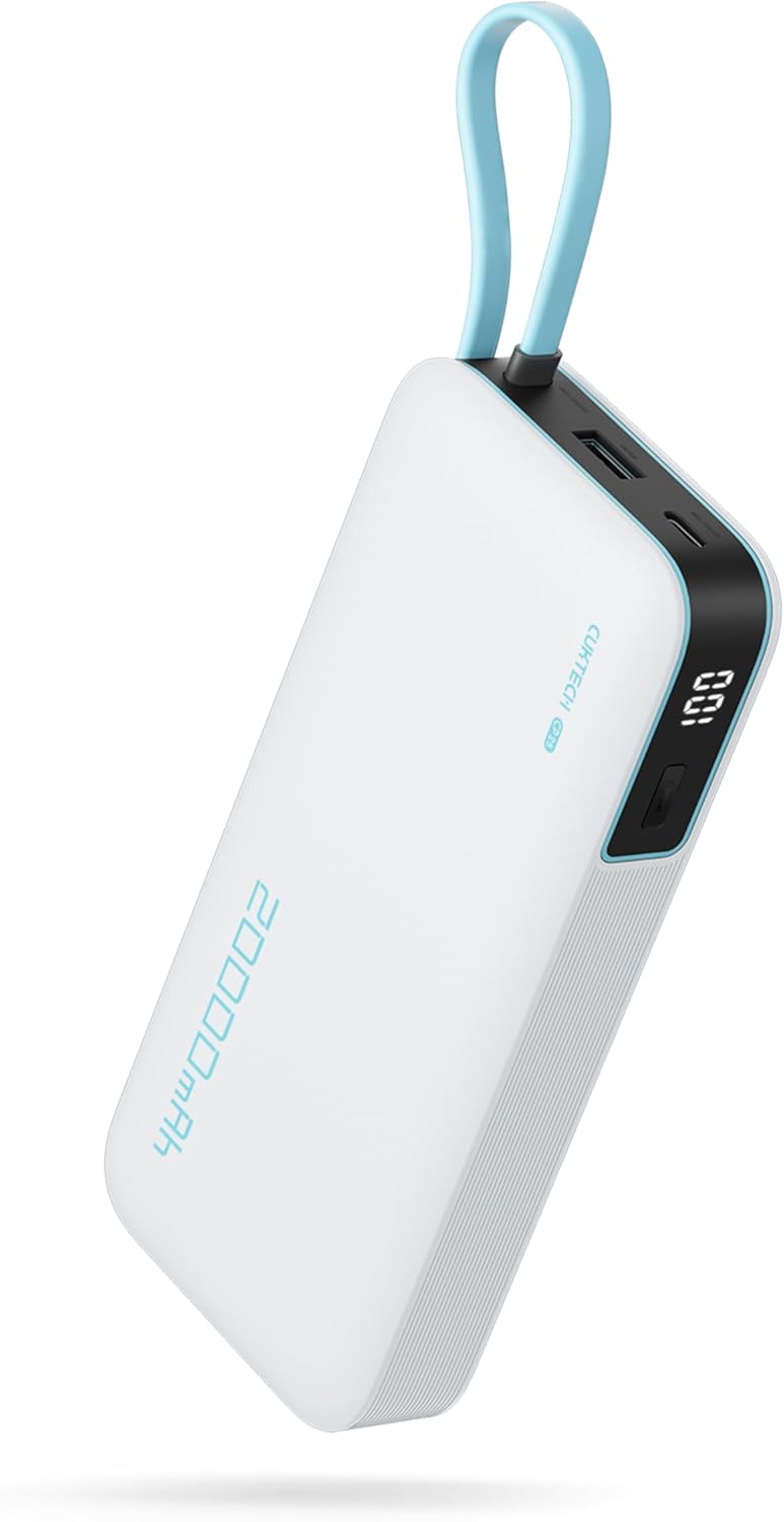 باور بانك كوكتيك (Cuktech) CP25 سعة 20,000 مللي أمبير - قوة 55 واط، شحن فائق السرعة، كابل USB-C مدمج، مثالي لشاومي، آيفون، سامسونج - أبيض