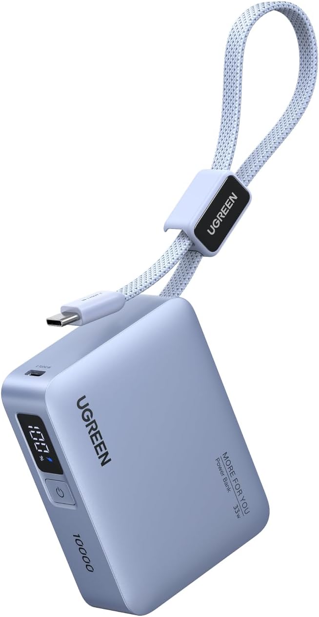 شاحن يوجرين المحمول 10,000 مللي أمبير - شحن سريع، كابل مدمج USB-C، يدعم 3 منافذ (USB-C و USB-A)، مثالي للهواتف الذكية والأجهزة اللوحية