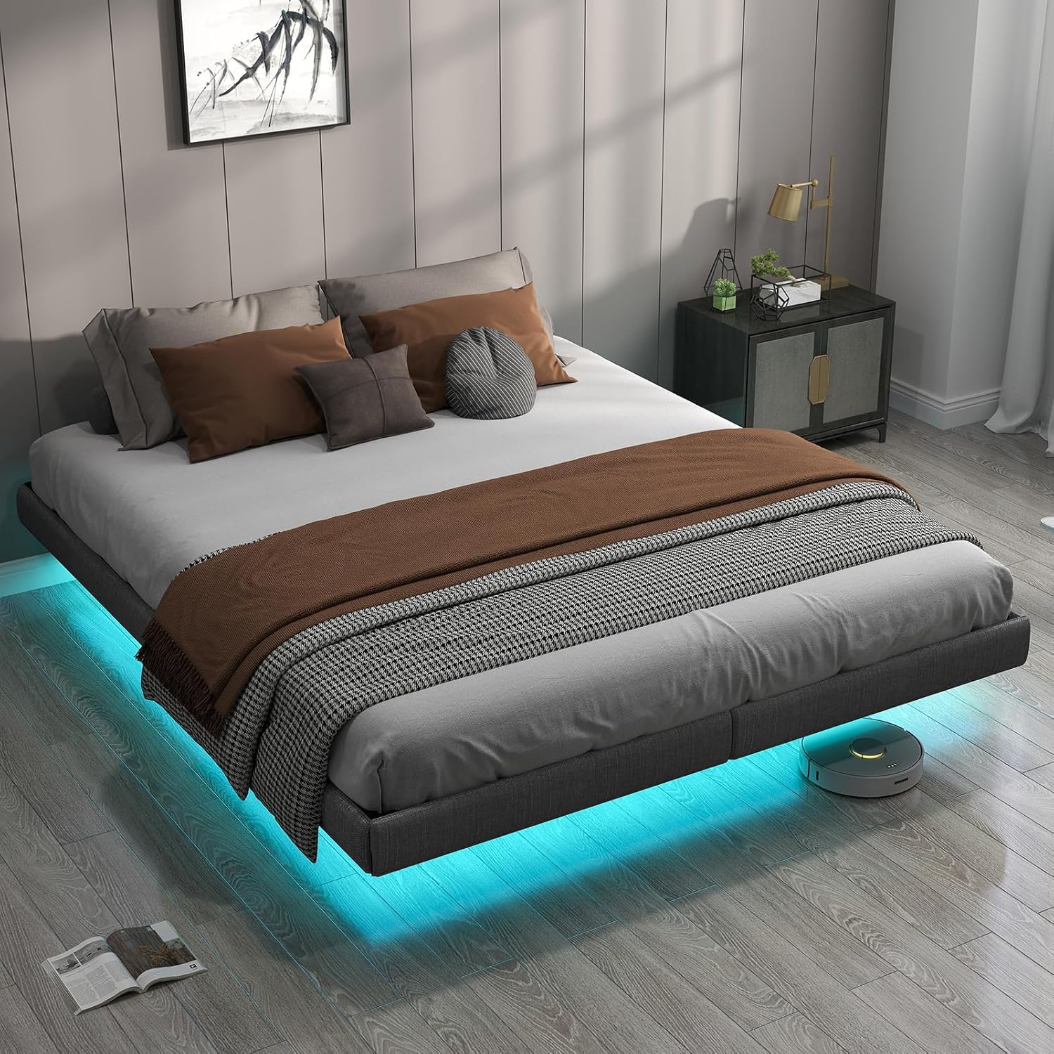 هيكل سرير عائم مقاس كينج (1.8م) من يانارا - إضاءة LED مدمجة، تصميم عصري، شرائح فولاذية شديدة التحمل، مساحة تخزين تحت السرير (رمادي)