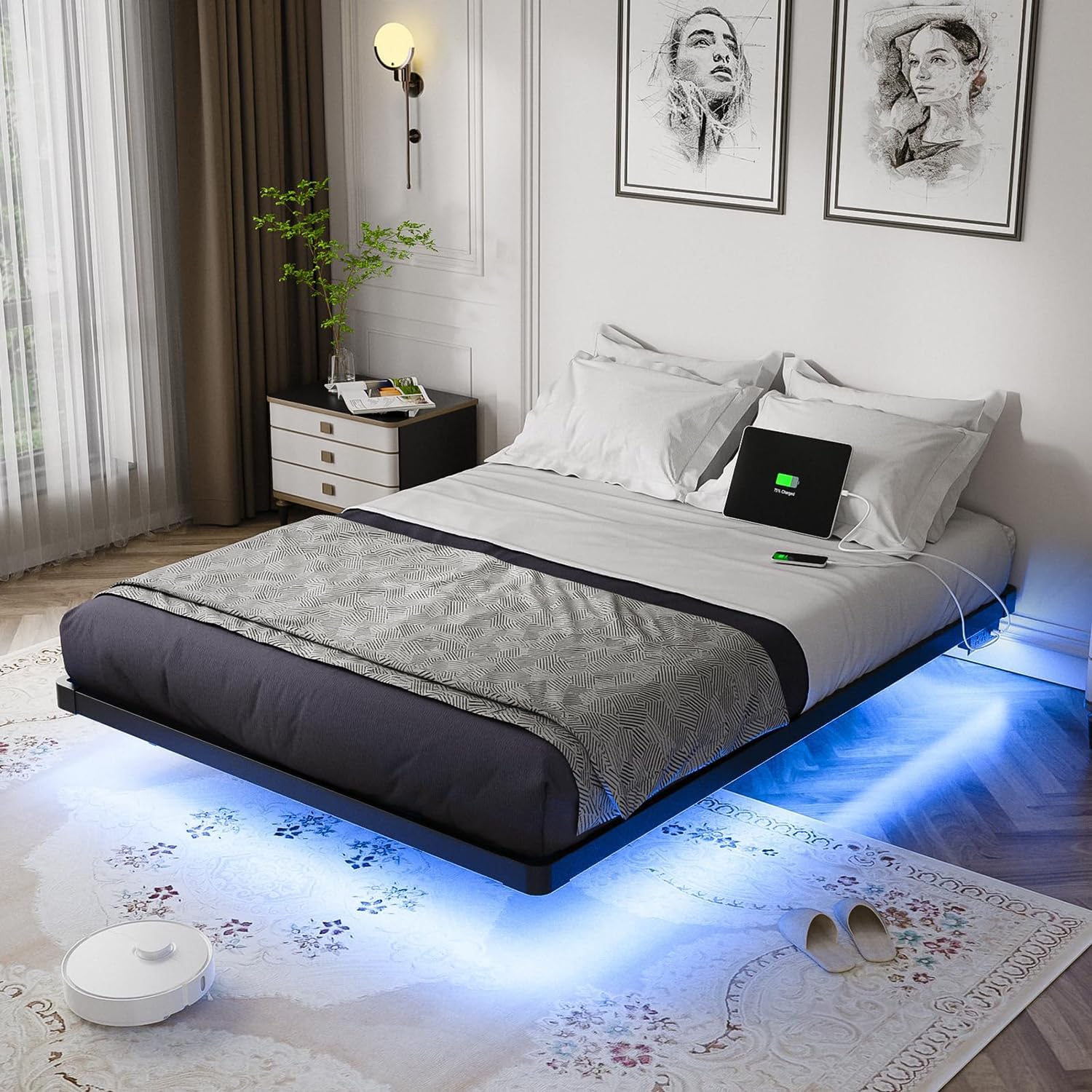 إطار سرير كوين (1.6م × 2م) من كوكرش - تصميم عصري مع إضاءة LED ذكية وقاعدة شحن مدمجة، هيكل معدني صلب بدون نوابض